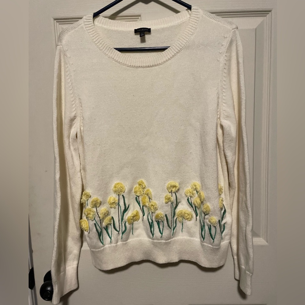 Talbots Cream Floral Embroidered Crewneck Sweater